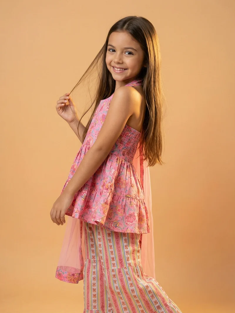 Nautinati Nautinati Girls' Cotton Blend Woven Festive Chintz Floral Halter-neck Kurti with Striped Palazzos