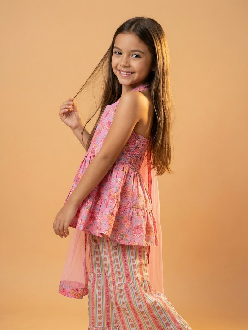 نوتيناتي Nautinati Girls' Cotton Blend Woven Festive Chintz Floral Halter-neck Kurti with Striped Palazzos - Image 2