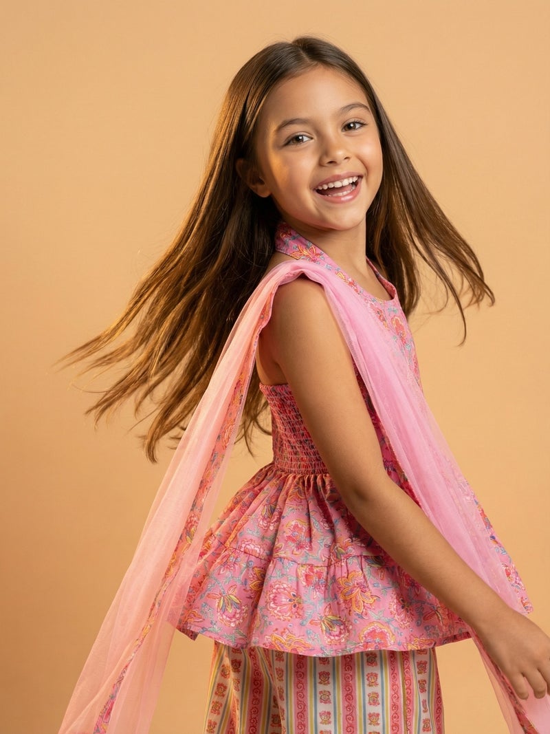 نوتيناتي Nautinati Girls' Cotton Blend Woven Festive Chintz Floral Halter-neck Kurti with Striped Palazzos - Image 5