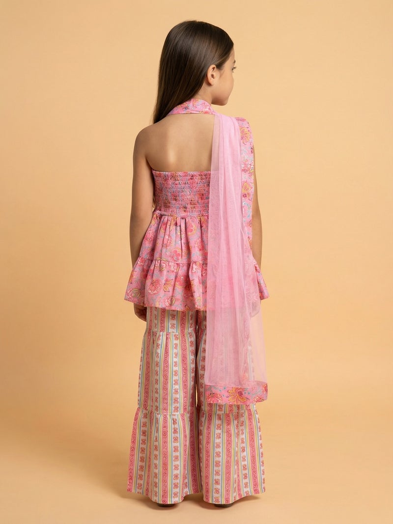 نوتيناتي Nautinati Girls' Cotton Blend Woven Festive Chintz Floral Halter-neck Kurti with Striped Palazzos - Image 4