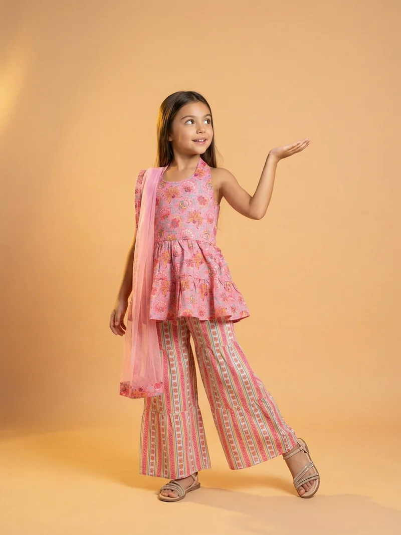 Nautinati Nautinati Girls' Cotton Blend Woven Festive Chintz Floral Halter-neck Kurti with Striped Palazzos