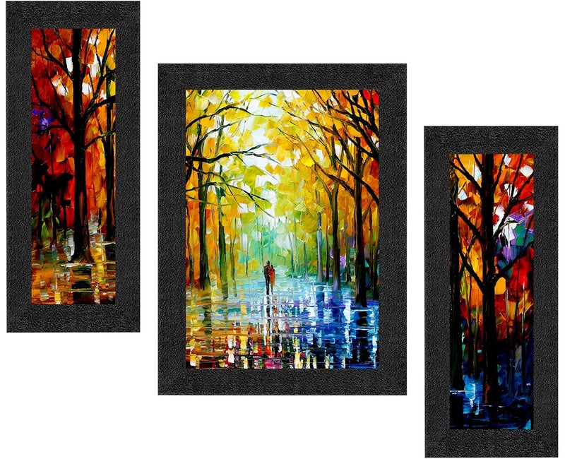 SAF SAF paintings Set of 3 Walking Couple in Forest Watercolor UV Coated Home Decorative Gift Item Framed Painting 13.5 inch X 22.5 inch SANFSAA9201-Multicolour - Image 1