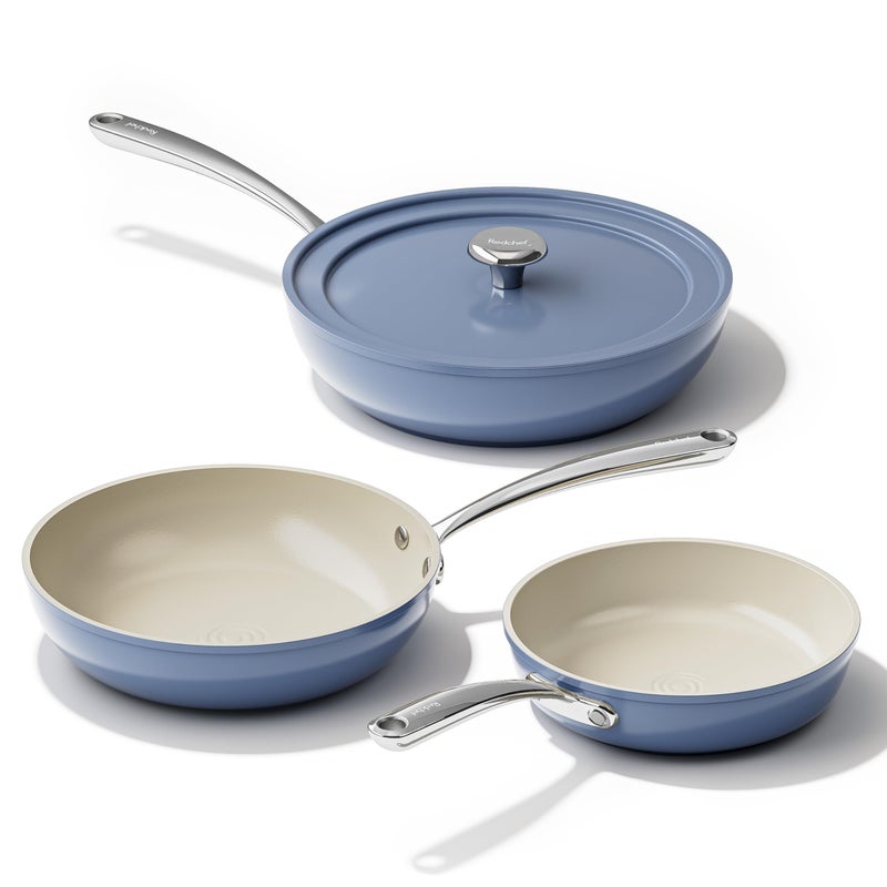 Redchef Nonstick Ceramic Pans, 4-Piece Deep Ceramic Frying Pan with Lid, 8" 9.5" 11" Deep Frying Pan, Egg Frying Pans Suitable for All Stovetops, PFAS & PTFE & PFOA Free, Dishwasher & Oven Safe, Blue - Image 1
