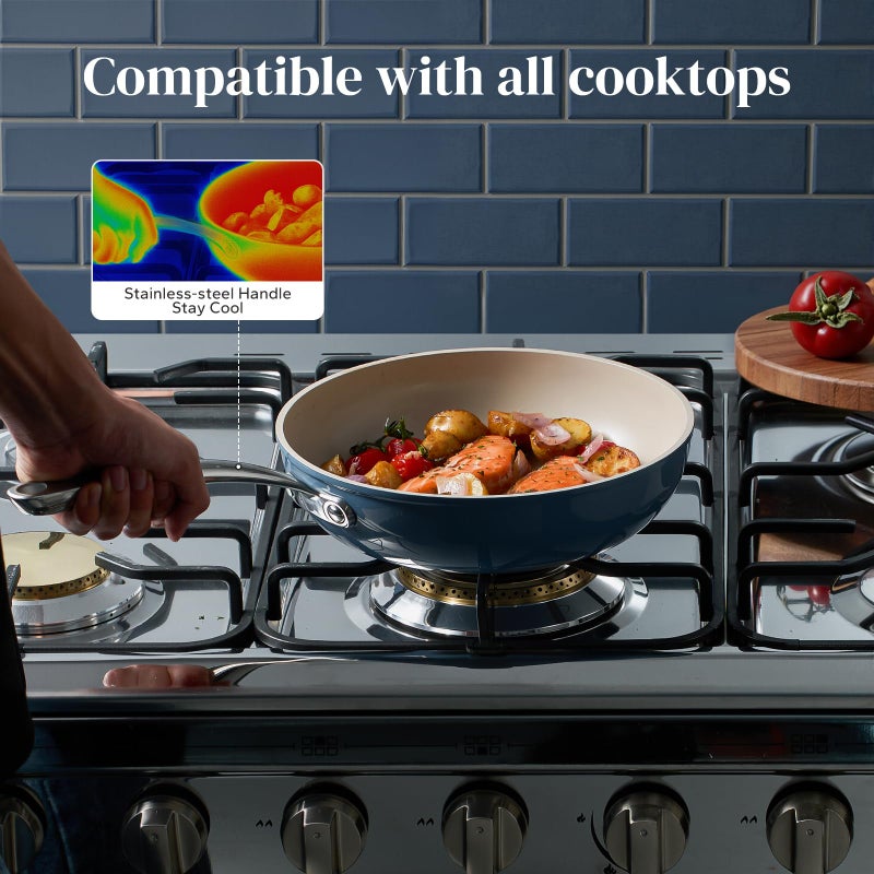 Redchef Nonstick Ceramic Pans, 4-Piece Deep Ceramic Frying Pan with Lid, 8" 9.5" 11" Deep Frying Pan, Egg Frying Pans Suitable for All Stovetops, PFAS & PTFE & PFOA Free, Dishwasher & Oven Safe, Blue - Image 5