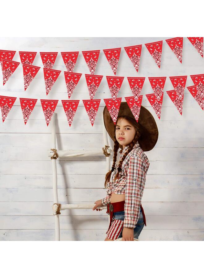 مجموعة من 5 قطع من ديكورات حفلات رعاة البقر الغربيين، وشاح باندانا، لافتة، ديكورات الغرب المتوحش، مستلزمات تزيين حفلات يي هاو الريفية بطابع رعاة البقر الغربي، مقاس 9.8 × 5 أقدام (نقشة بيزلي حمراء) - Image 2