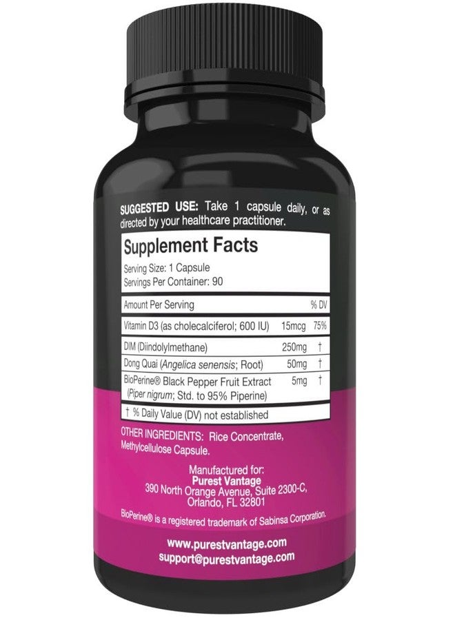 Purest vantage Pure DIM Supplement 250mg Diindolylmethane Plus BioPerine and Dong Quai - Hormone Balance Support for Women and Men, Menopause & Estrogen Support - 90 Vegetarian Capsules - Image 2