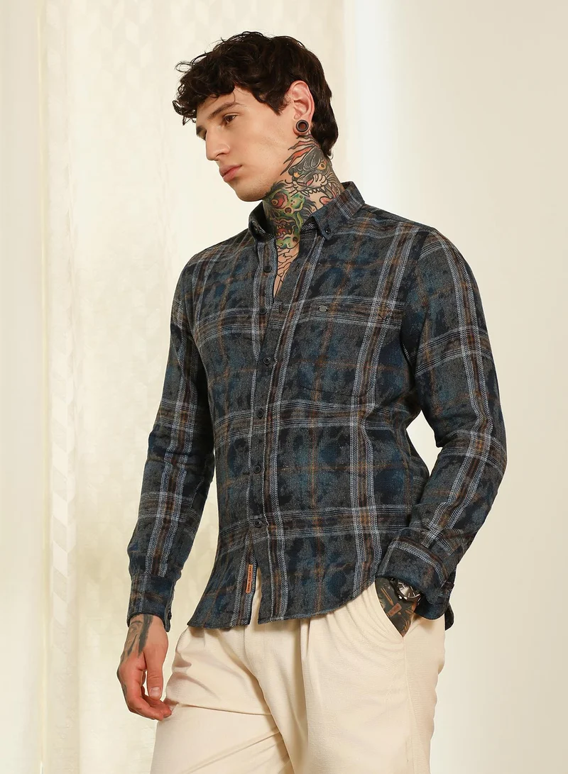 Campus Sutra Men's Blue Plaid Cotton Blend Slim Fit Shirt
