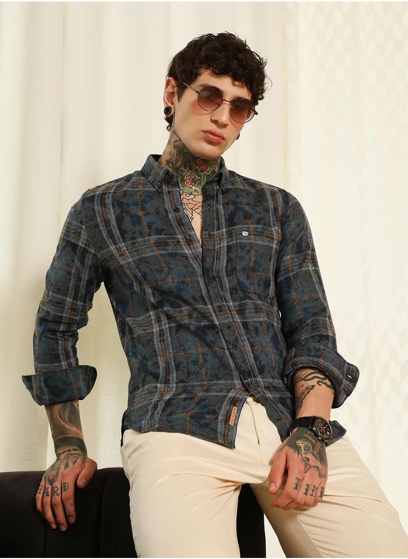 كامبوس سوترا Men's Blue Plaid Cotton Blend Slim Fit Shirt