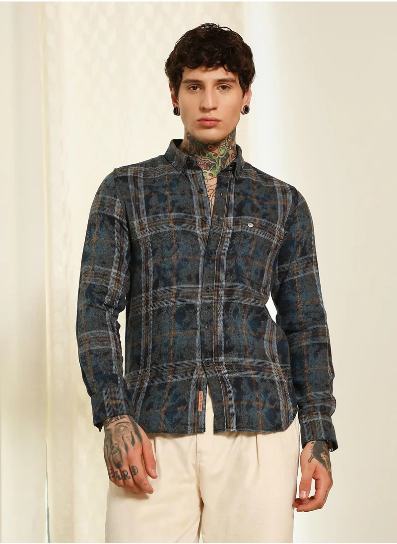 كامبوس سوترا Men's Blue Plaid Cotton Blend Slim Fit Shirt