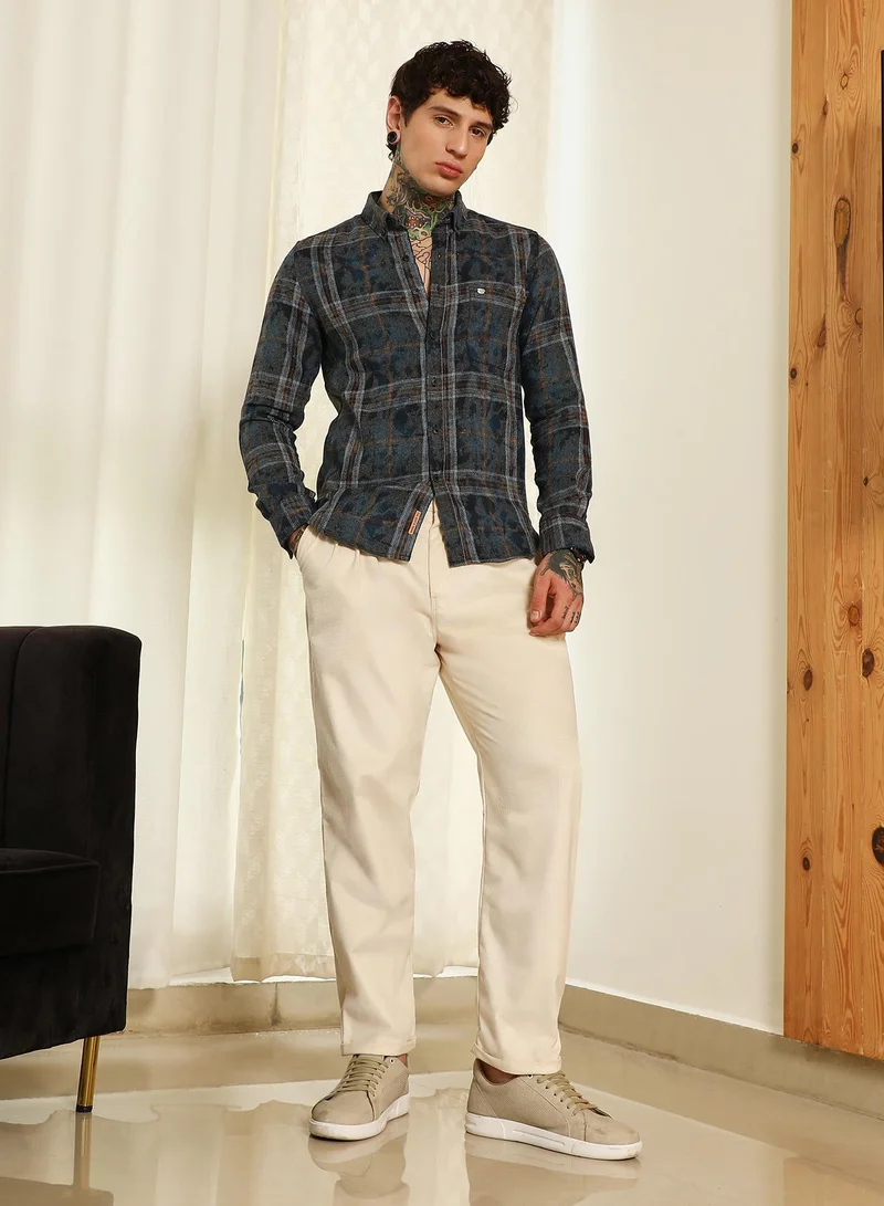 Campus Sutra Men's Blue Plaid Cotton Blend Slim Fit Shirt