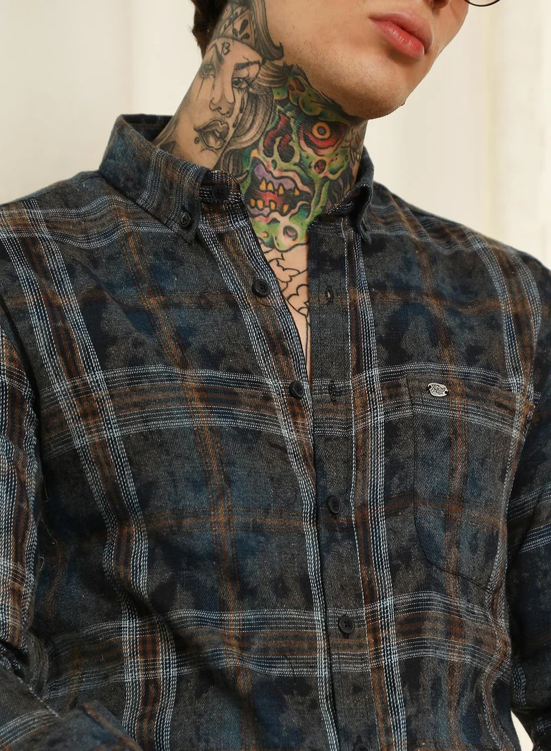 Campus Sutra Men's Blue Plaid Cotton Blend Slim Fit Shirt