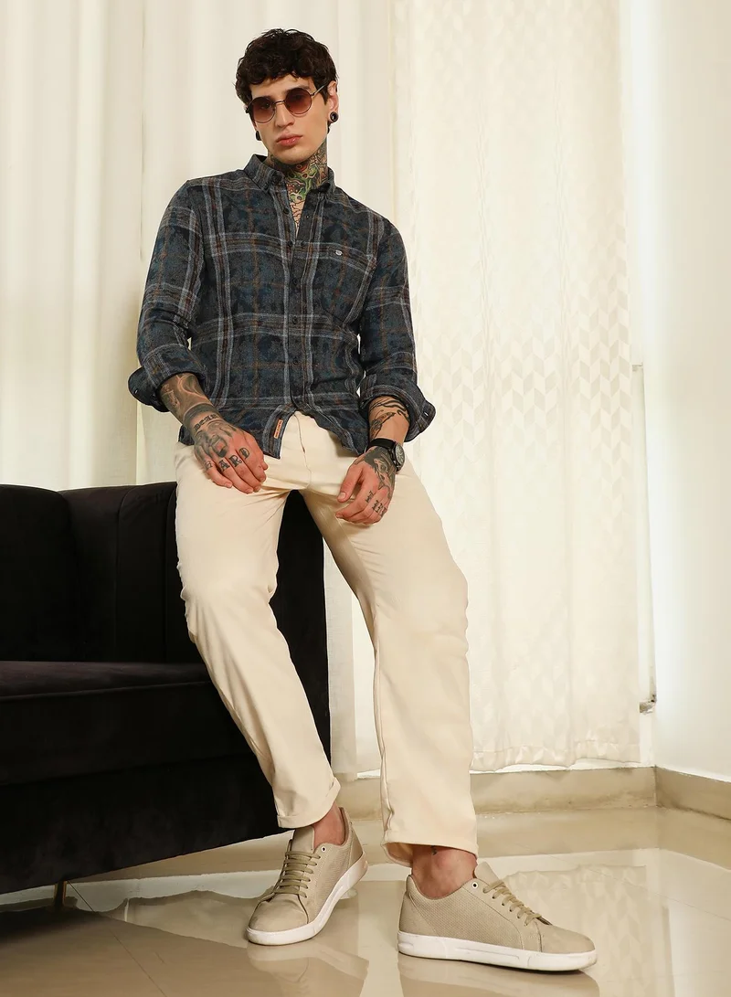 Campus Sutra Men's Blue Plaid Cotton Blend Slim Fit Shirt