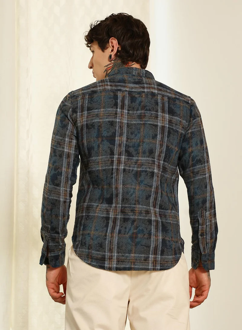 Campus Sutra Men's Blue Plaid Cotton Blend Slim Fit Shirt