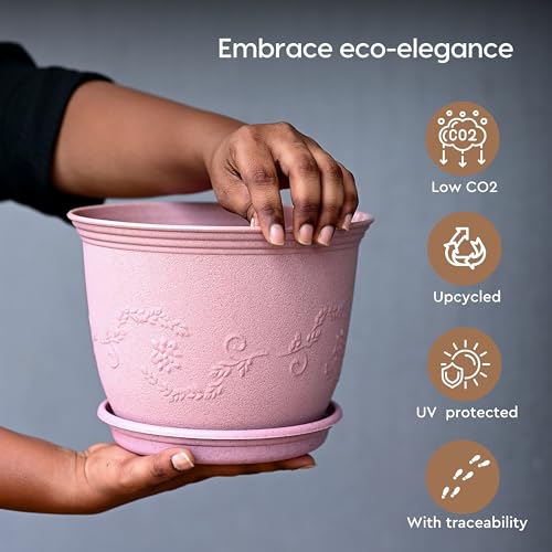Eha Earth-Friendly 8" Leafy Planters with Tray | Set of 2 | Bamboo Fiber | UV Protected | Drainage Hole | Pots for Indoor, Outdoor, Balcony & Garden | Innocent - Image 5