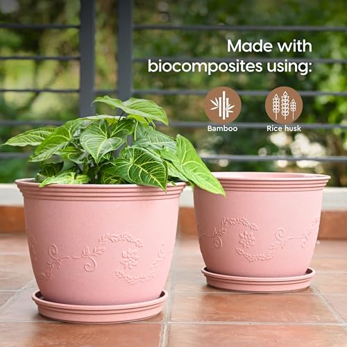 Eha Earth-Friendly 8" Leafy Planters with Tray | Set of 2 | Bamboo Fiber | UV Protected | Drainage Hole | Pots for Indoor, Outdoor, Balcony & Garden | Innocent - Image 3