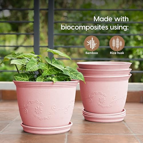 Eha Earth-Friendly 8" Leafy Planters with Tray | Set of 2 | Bamboo Fiber | UV Protected | Drainage Hole | Pots for Indoor, Outdoor, Balcony & Garden | Innocent - Image 4
