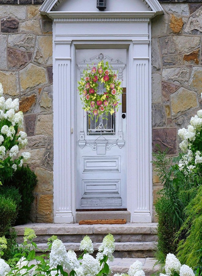 WreathDream أكاليل ربيعية من WreathDream للباب الأمامي، إكليل صيفي للباب الأمامي مزين بأزهار برية وردية، مناسب للباب الأمامي، ديكور داخلي وخارجي، ديكور منزلي ريفي، ديكور جداري، ديكور نافذة، ديكور احتفالي، ديكور زفاف - Image 2