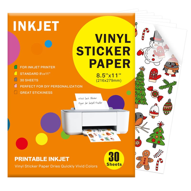 Veicevol 30 Sheets Premium Printable Vinyl Sticker Paper Clear - 8.5x11" for Inkjet Printers, Waterproof Tear Resistant, Dries Quickly, Vivid Colors, Easy to Cut for Cutting Machines, DIY Self-Adhesive Labels - Image 1