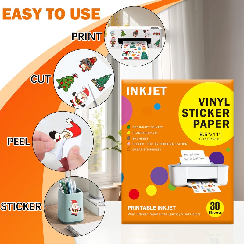 Veicevol 30 Sheets Premium Printable Vinyl Sticker Paper Clear - 8.5x11" for Inkjet Printers, Waterproof Tear Resistant, Dries Quickly, Vivid Colors, Easy to Cut for Cutting Machines, DIY Self-Adhesive Labels - Image 2