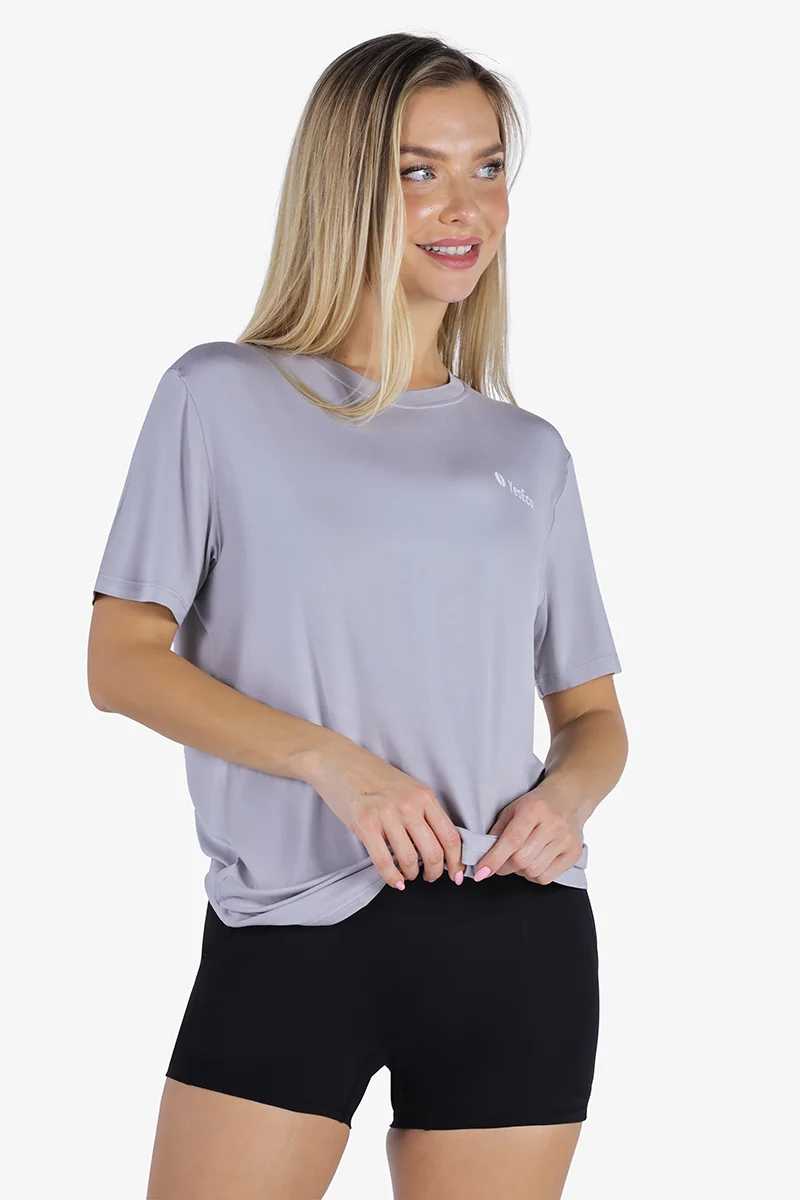 YesEco YesEco Women’s Grey Round Neck T-Shirt – Ultra-Soft Bamboo Viscose Activewear Top – All-Season Gym, Yoga, Sports & Casual Wear – Sustainable & Stretchable