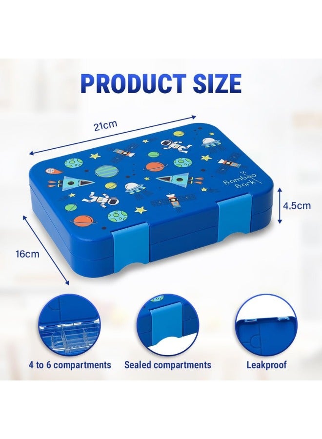 Bamboo Bark Bento Lunch Box for Kids with Compartments - Snack Box Convertible from 4 to 6 Compartments - Dishwasher Safe & BPA Free - Blue Astro - Image 4