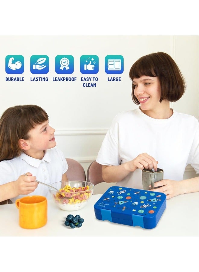 Bamboo Bark Bento Lunch Box for Kids with Compartments - Snack Box Convertible from 4 to 6 Compartments - Dishwasher Safe & BPA Free - Blue Astro - Image 5