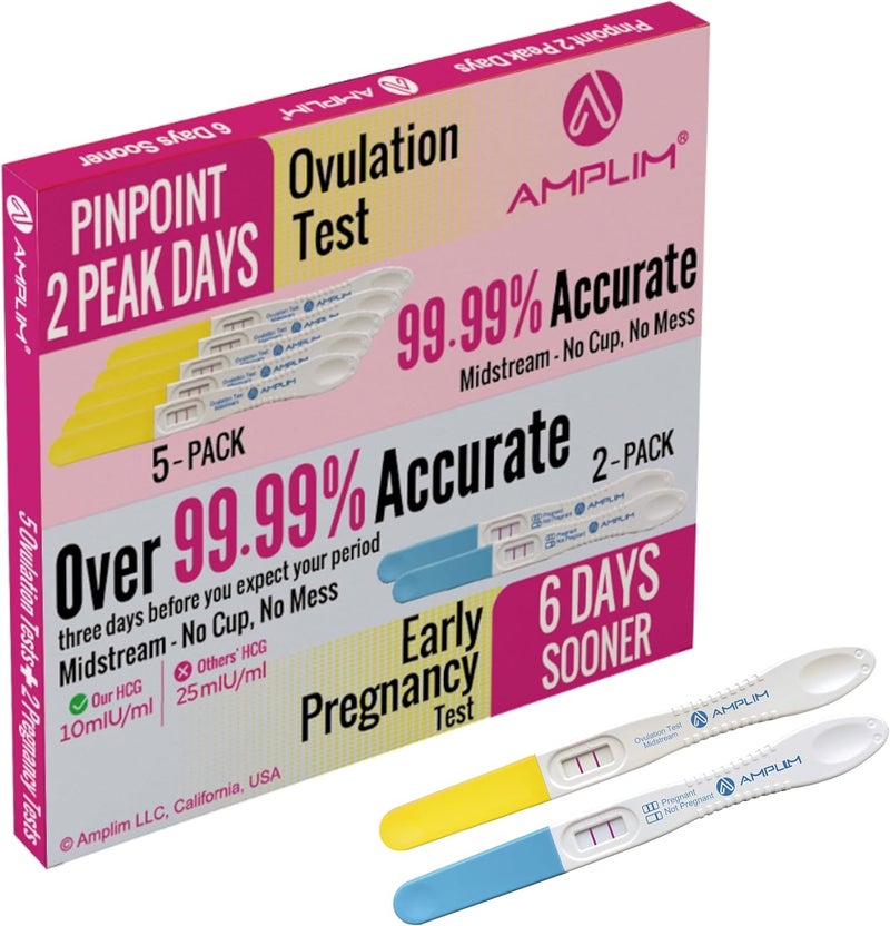 Amplim Pregnancy Test and Ovulation Tests Kit 7 Pack Bulk Early Detection HCG  LH Sticks 9999 Accurate at Home Predictor 6 Days Early Result Extra Sensitive Fertility Tracker - Image 1
