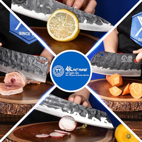 XYJ Professional Kitchen Knife Set with High-Carbon Steel Forged Blades, Chef's Knife, Cleaver, Carving Knife, Nakiri, Full Tang Design, Includes Carrying Bag & Poultry Scissors - Image 3