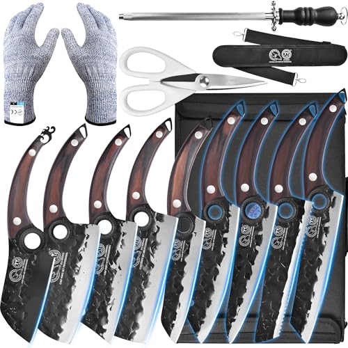 XYJ Professional Kitchen Knife Set with High-Carbon Steel Forged Blades, Chef's Knife, Cleaver, Carving Knife, Nakiri, Full Tang Design, Includes Carrying Bag & Poultry Scissors - Image 1
