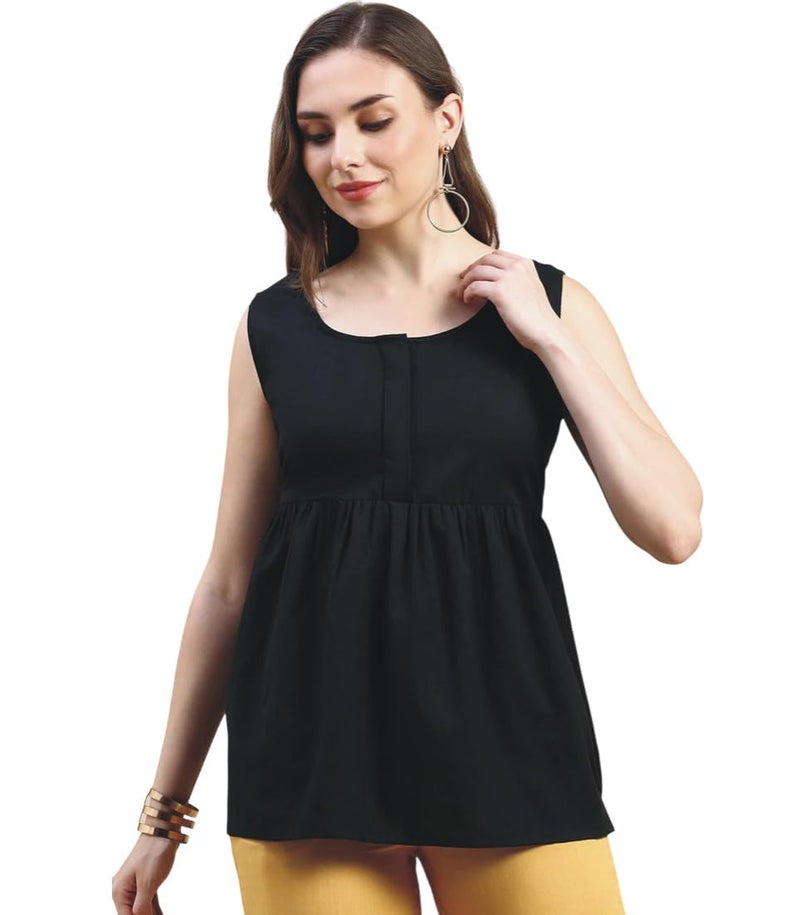 Mooney Western Front Button Down Fancy Round Neck Sleevless Office Wear Breast Feeding Maternity Women Black Rayon Top - Image 1