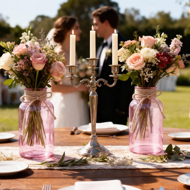 LEYIQU Vintage Glass Flower Vase, Farmhouse Glass Centerpiece Vases Mason Jars for Weddings, Parties & Home Decor Bulk (12, Pink) - Image 5