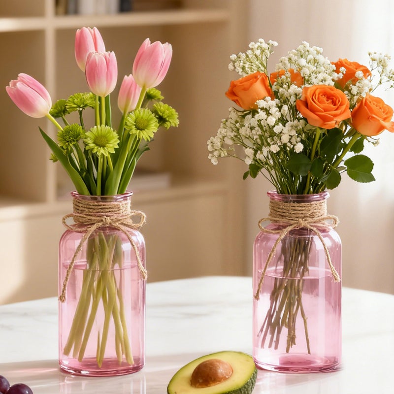 LEYIQU Vintage Glass Flower Vase, Farmhouse Glass Centerpiece Vases Mason Jars for Weddings, Parties & Home Decor Bulk (12, Pink) - Image 4