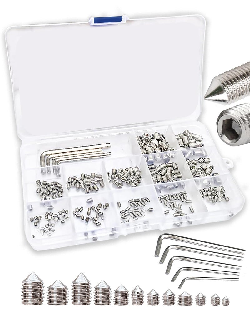FIXXELY Set Screws Assortment Kit (M3, M4, M5, M6, M8) with Allen Keys – Durable 240 Pcs Metric Cone Point 304 Stainless Steel for Bathroom Fixtures, Door Knobs, Faucets, Plumbing, and More - Image 1