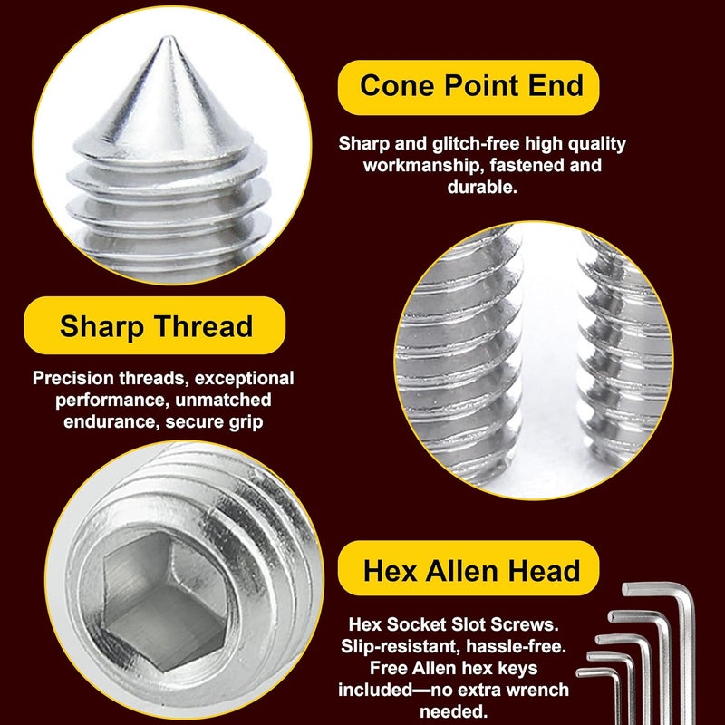 FIXXELY Set Screws Assortment Kit (M3, M4, M5, M6, M8) with Allen Keys – Durable 240 Pcs Metric Cone Point 304 Stainless Steel for Bathroom Fixtures, Door Knobs, Faucets, Plumbing, and More - Image 5