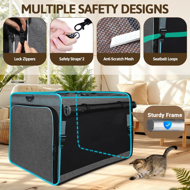 Petskd Side Expandable Extra Large Cat Car Carrier with Collapsible Litter Box for Long Distance Travel,24"x17"x17" Portable Soft Sided Pet Carrier with Roller Shades for 2 Cats Up to 55LBS(Grey) - Image 5