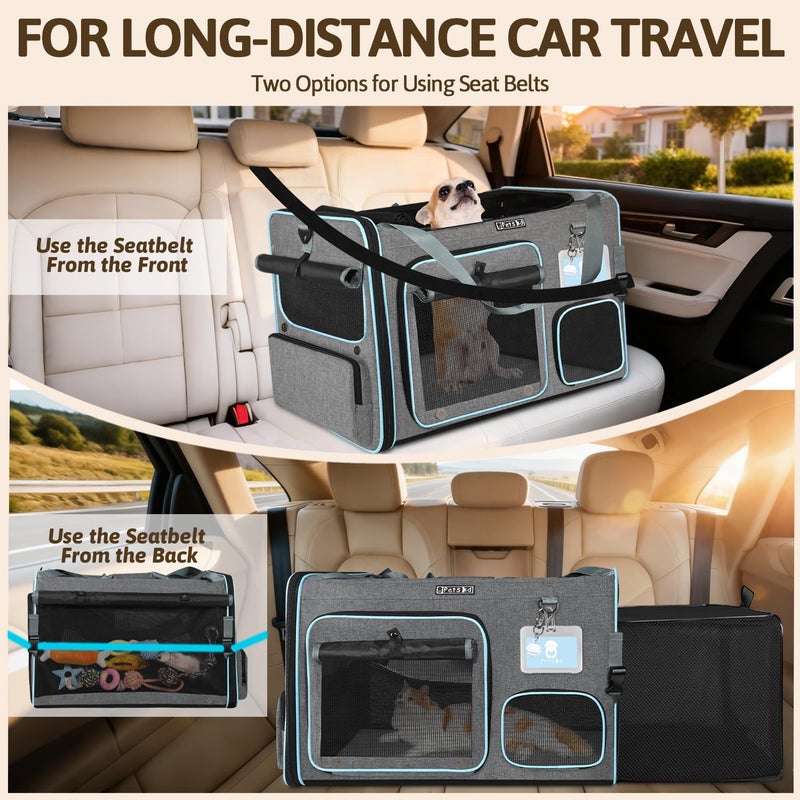 Petskd Side Expandable Extra Large Cat Car Carrier with Collapsible Litter Box for Long Distance Travel,24"x17"x17" Portable Soft Sided Pet Carrier with Roller Shades for 2 Cats Up to 55LBS(Grey) - Image 3