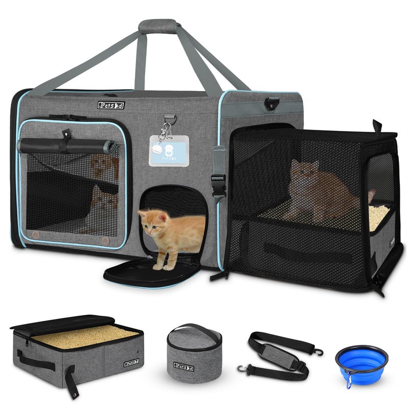 Petskd Side Expandable Extra Large Cat Car Carrier with Collapsible Litter Box for Long Distance Travel,24"x17"x17" Portable Soft Sided Pet Carrier with Roller Shades for 2 Cats Up to 55LBS(Grey) - Image 1