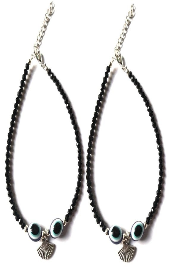 Jyokrish Handmade White Metal black Beads hanging artificial fan evil eye chain anklet For Women | girls | Nazariya |Payal | Nazar Battu | Pair of 1 |free size - Image 1