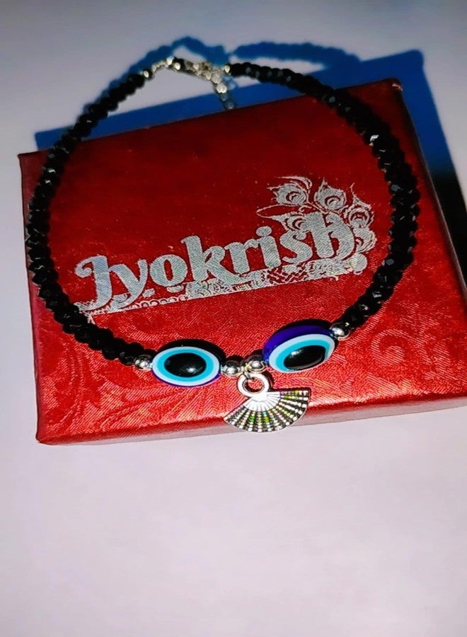 Jyokrish Handmade White Metal black Beads hanging artificial fan evil eye chain anklet For Women | girls | Nazariya |Payal | Nazar Battu | Pair of 1 |free size - Image 3