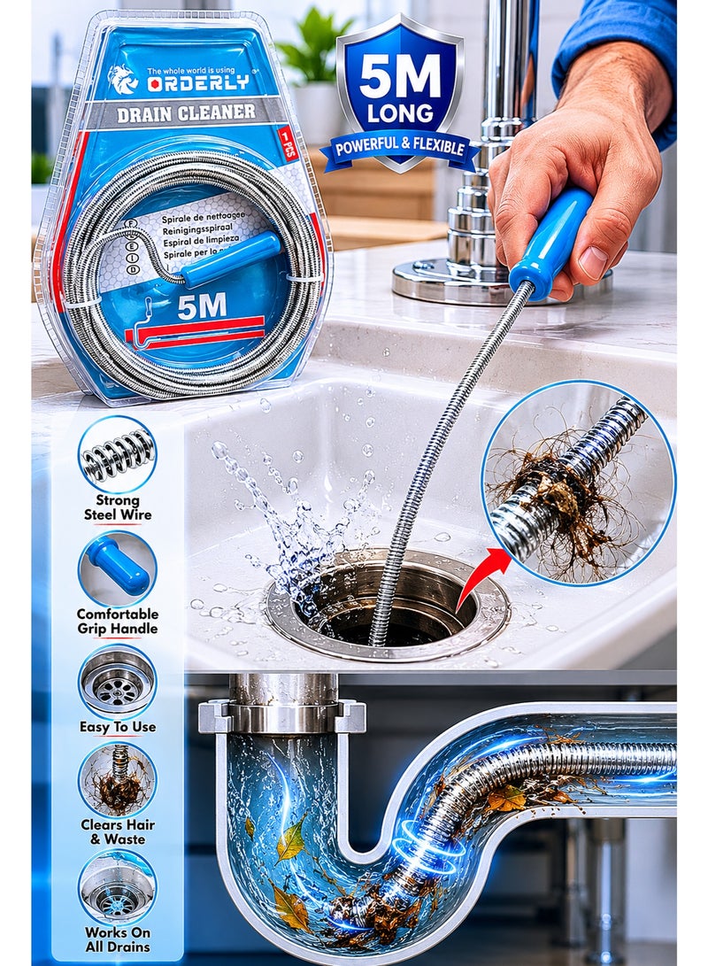 5M Drain Cleaner Snake Auger – Flexible Steel Drain Cleaning Tool with Comfortable Handle for Unclogging Kitchen Sink, Bathroom Drain, Shower Pipe and Sewer Blockages - Image 2