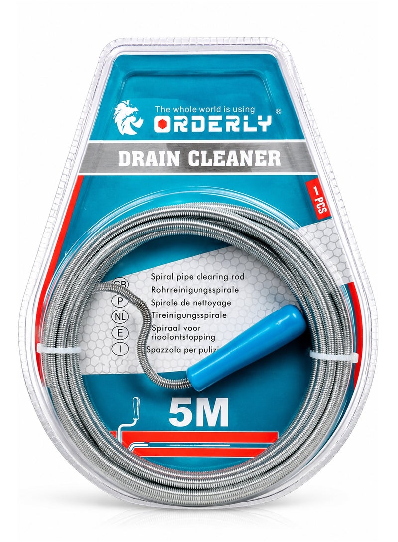 5M Drain Cleaner Snake Auger – Flexible Steel Drain Cleaning Tool with Comfortable Handle for Unclogging Kitchen Sink, Bathroom Drain, Shower Pipe and Sewer Blockages - Image 1