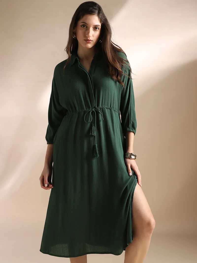 Globus Women Green Self Design Collared Neck Waist Tie-Ups Shirt Style Fit & Flare Midi Workwear Dress