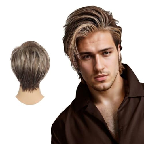 Swiking Men Wig Short Blonde Brown Layered Natural Synthetic Hair Full Wigs for Male Guy Daily Party Wear (Brown Blonde) - Image 1