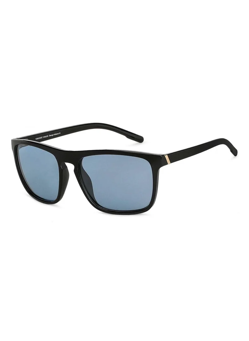 VINCENT CHASE VINCENT CHASE EYEWEAR By Lenskart | Full Rim Square Branded Latest and Stylish Sunglasses | Polarized and 100% UV Protected | Men & Women | Large | VC S13981 (Color:-Black/Lens Blue)-Pack of 1
