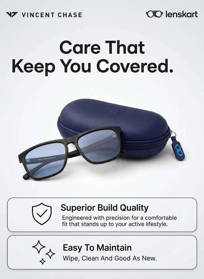 Vincent Chase  Vincent Chase By Lenskart | Full Rim Square Branded Latest and Stylish Sunglasses | Polarized and 100% UV Protected | Men & Women | Large | VC S13981 (Color:-Black/Lens Blue)-Pack of 1  | Best Price UAE