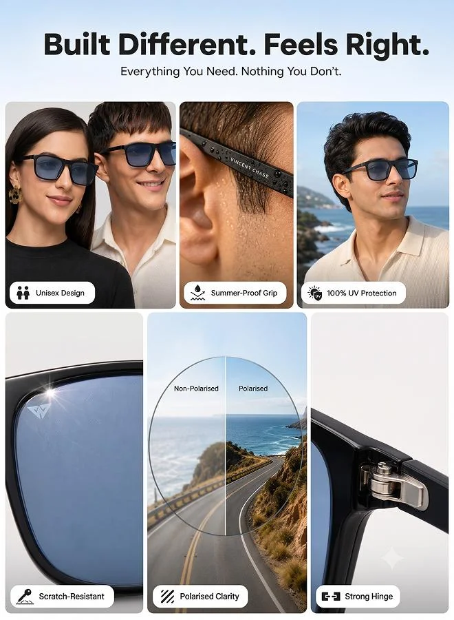 Vincent Chase  Vincent Chase By Lenskart | Full Rim Square Branded Latest and Stylish Sunglasses | Polarized and 100% UV Protected | Men & Women | Large | VC S13981 (Color:-Black/Lens Blue)-Pack of 1  | Best Price UAE