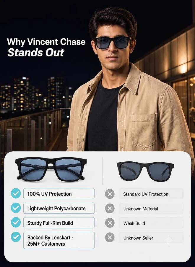 Vincent Chase  Vincent Chase By Lenskart | Full Rim Square Branded Latest and Stylish Sunglasses | Polarized and 100% UV Protected | Men & Women | Large | VC S13981 (Color:-Black/Lens Blue)-Pack of 1  | Best Price UAE