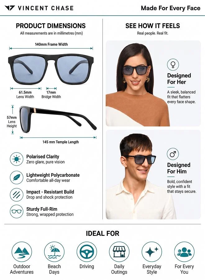 Vincent Chase  Vincent Chase By Lenskart | Full Rim Square Branded Latest and Stylish Sunglasses | Polarized and 100% UV Protected | Men & Women | Large | VC S13981 (Color:-Black/Lens Blue)-Pack of 1  | Best Price UAE