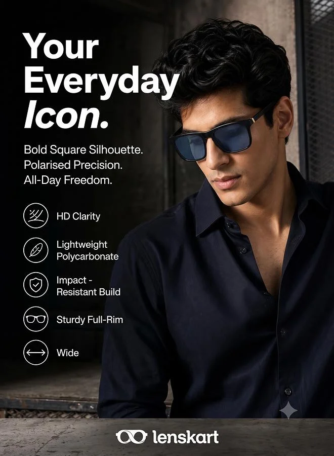 Vincent Chase  Vincent Chase By Lenskart | Full Rim Square Branded Latest and Stylish Sunglasses | Polarized and 100% UV Protected | Men & Women | Large | VC S13981 (Color:-Black/Lens Blue)-Pack of 1  | Best Price UAE