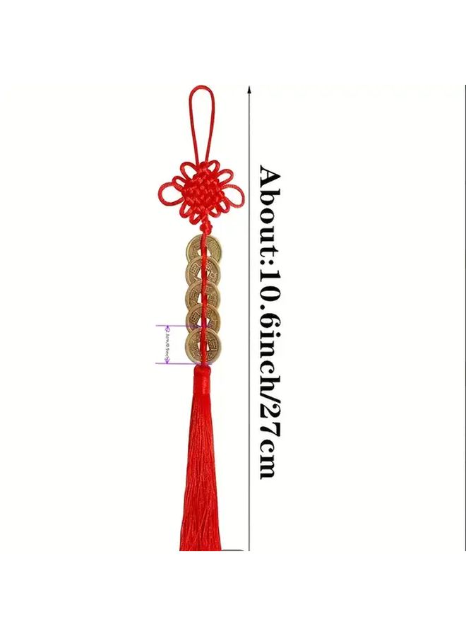 4 عبوات عقدة صينية حمراء مع 5 عملات تعويذة فنغ شوي للثروة زينة تعليق للمنزل والسيارة هدية - Image 5